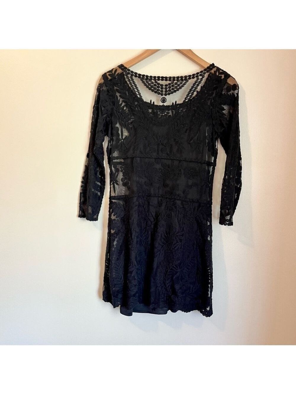 Y2K Black Lace Overlay Mini Dress Sheer Gothic Fairy Whimsigoth Slip Layer XS - Picture 7 of 9